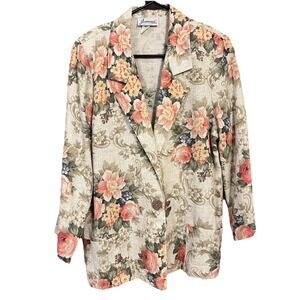 VINTAGE Joanna Blazer Womens Large Floral Tapestry Open 90s Autumn Preppy